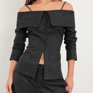 Chic Off-Shoulder Charcoal Wide Leg Set